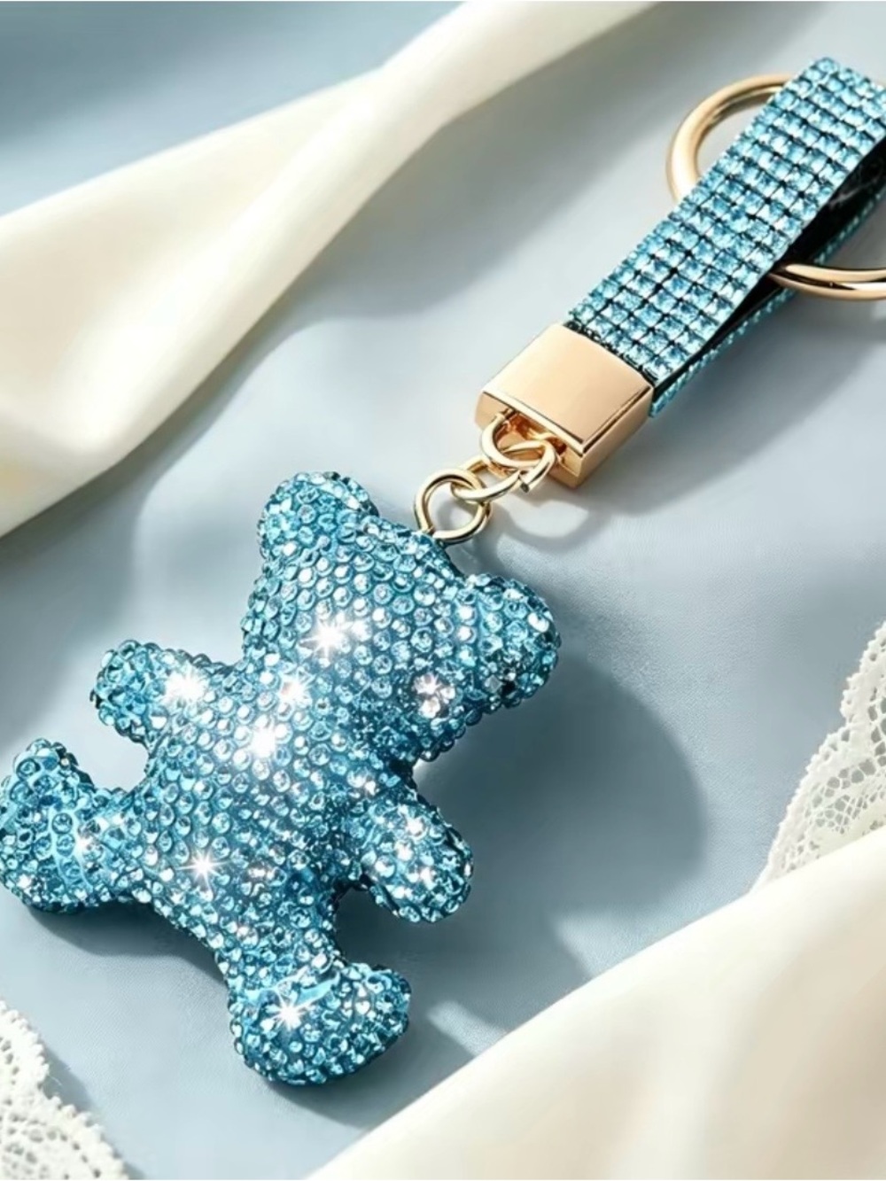 Crystal-Embellished Blue Teddy Bear Keychain